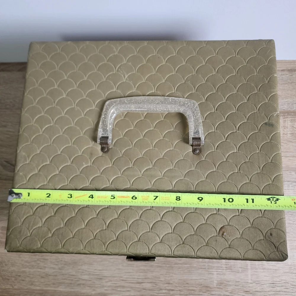 MCM VINTAGE Gold Metallic Quilted Vinyl Sewing Craft Box Lucite Handle